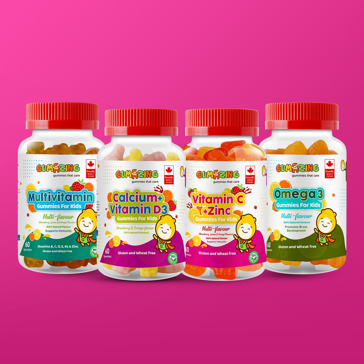 Gumazing Lot de 4 combos | Calcium & Vitamine D3 + Vitamine C & Zinc + Multivitamines + Oméga 3, approvisionnement de 4 mois