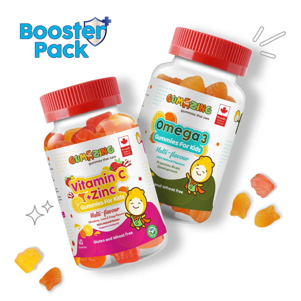 Pack Booster | Gumazing Lot de 2 combos | Vitamine C & Zinc + Oméga 3, approvisionnement de 2 mois