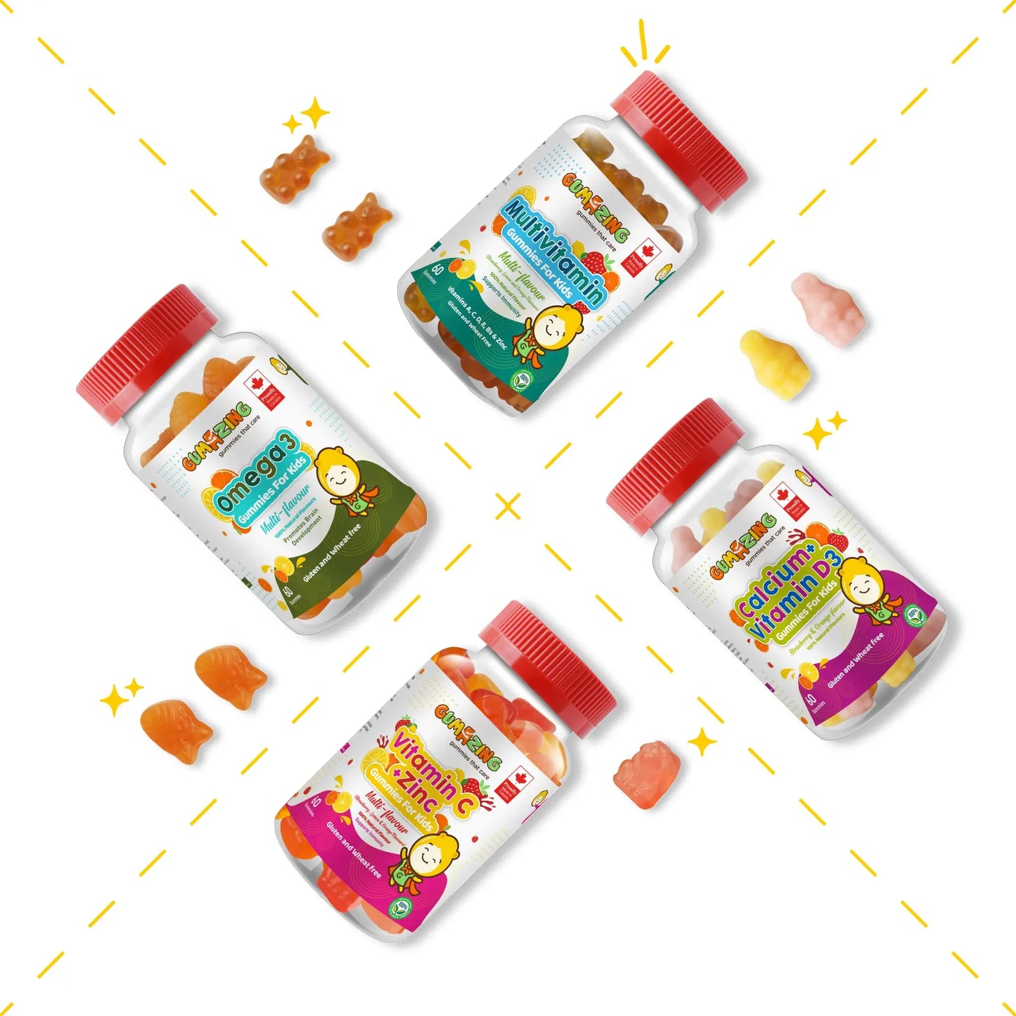 Gumazing 4 Pack Combo | Calcium & Vitamin D3 + Vitamin C & Zinc + Multivitamin + Omega 3, 4 month supply Begumazing