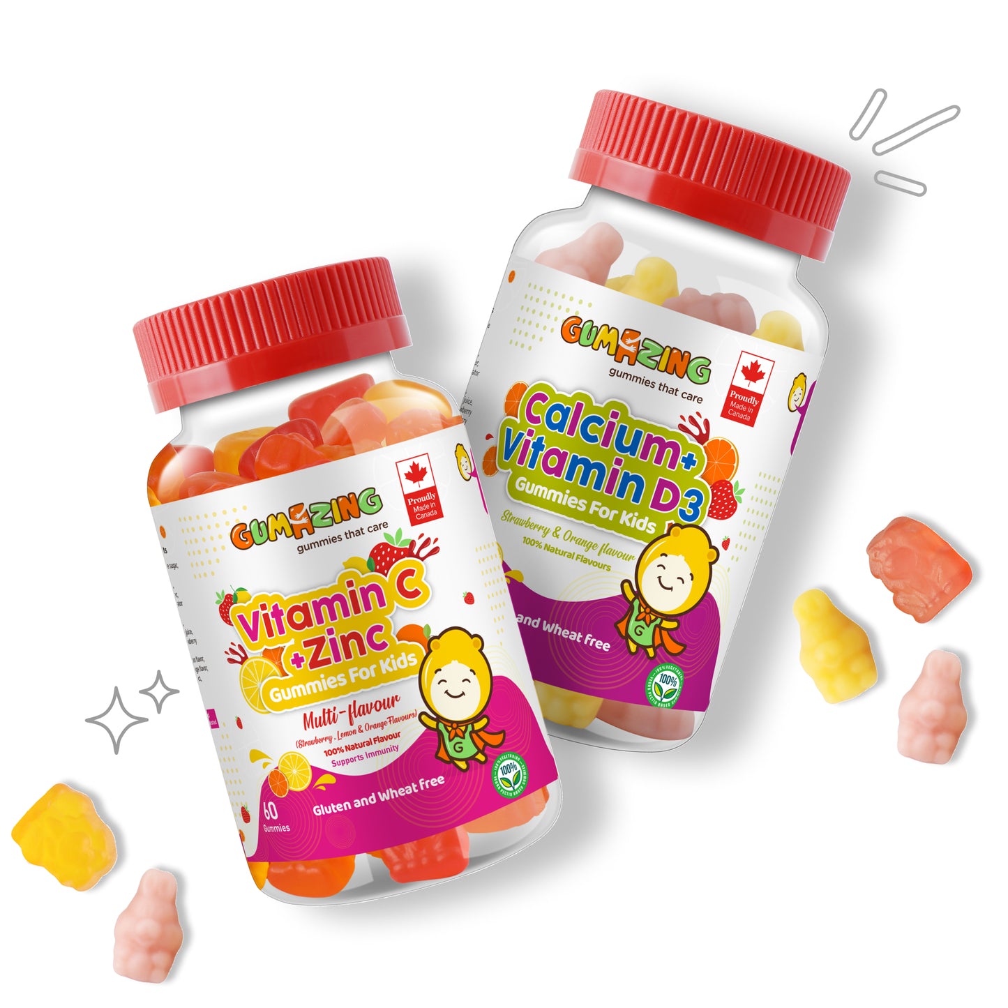 Gumazing Lot de 2 combos | Calcium et vitamine D3 + vitamine C et zinc, approvisionnement de 2 mois