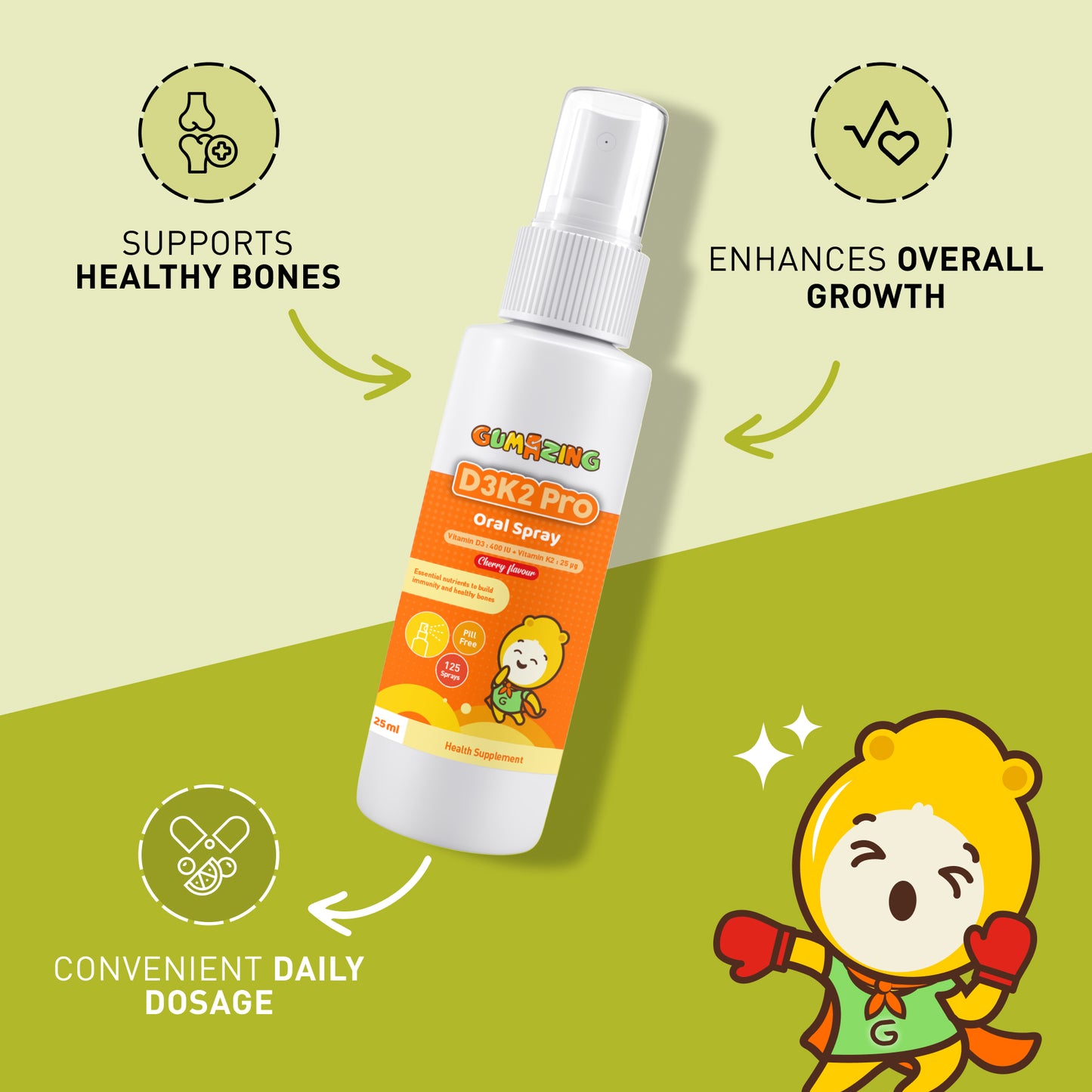 Spray oral D3K2Pro pour enfants | Vitamines D3 et K2 pour l'immunité et la santé des os