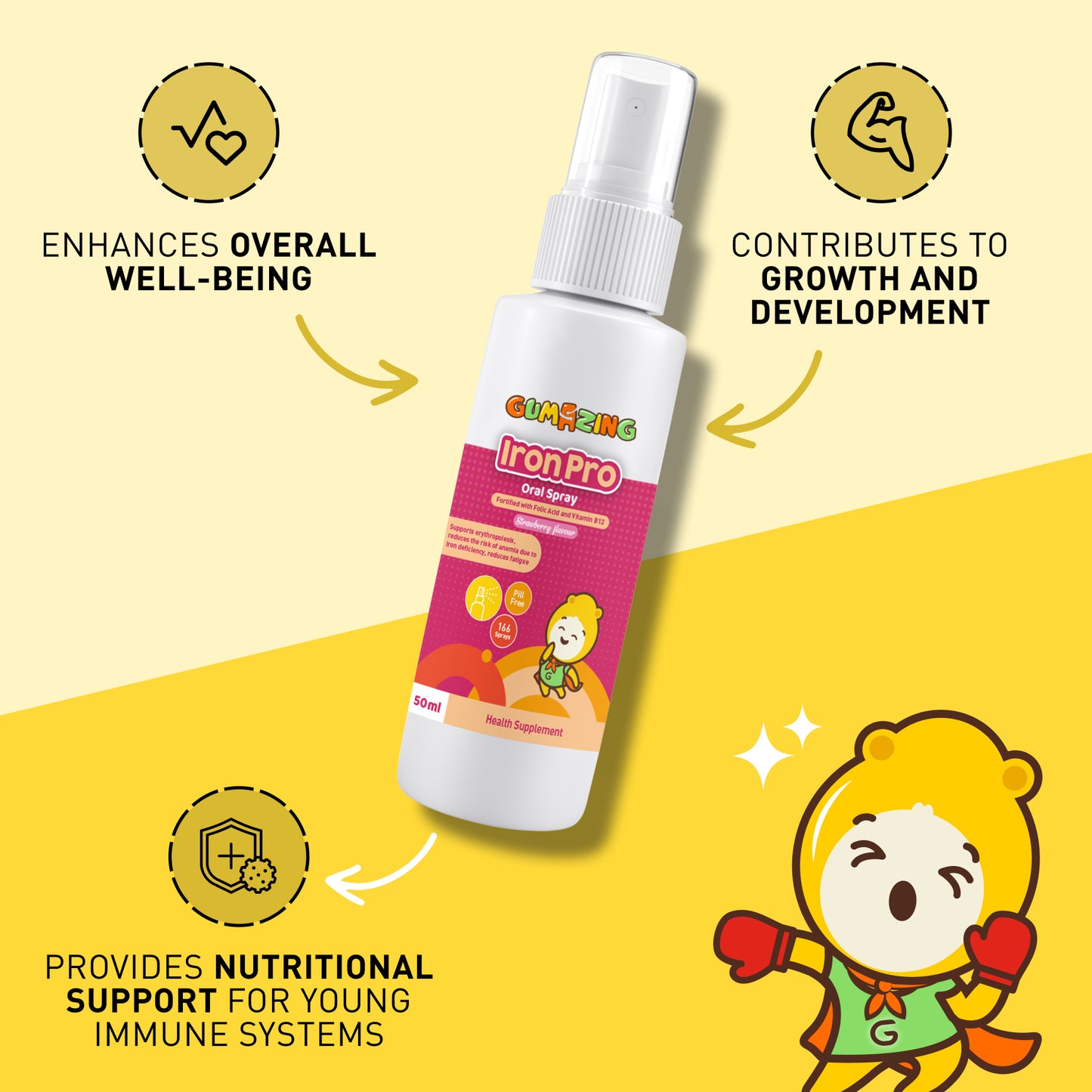 Spray oral IronPro pour enfants | Soutien des globules rouges et prévention de l'anémie | Saveur de fraise