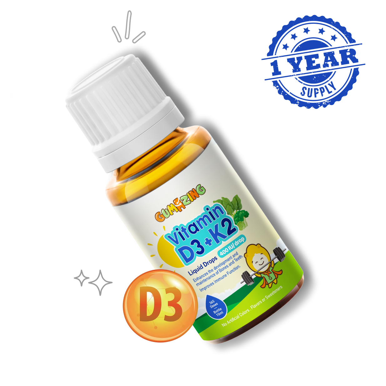 Gouttes liquides Gumazing Vitamine D3 + K2, approvisionnement de 1 an pour la vente en gros