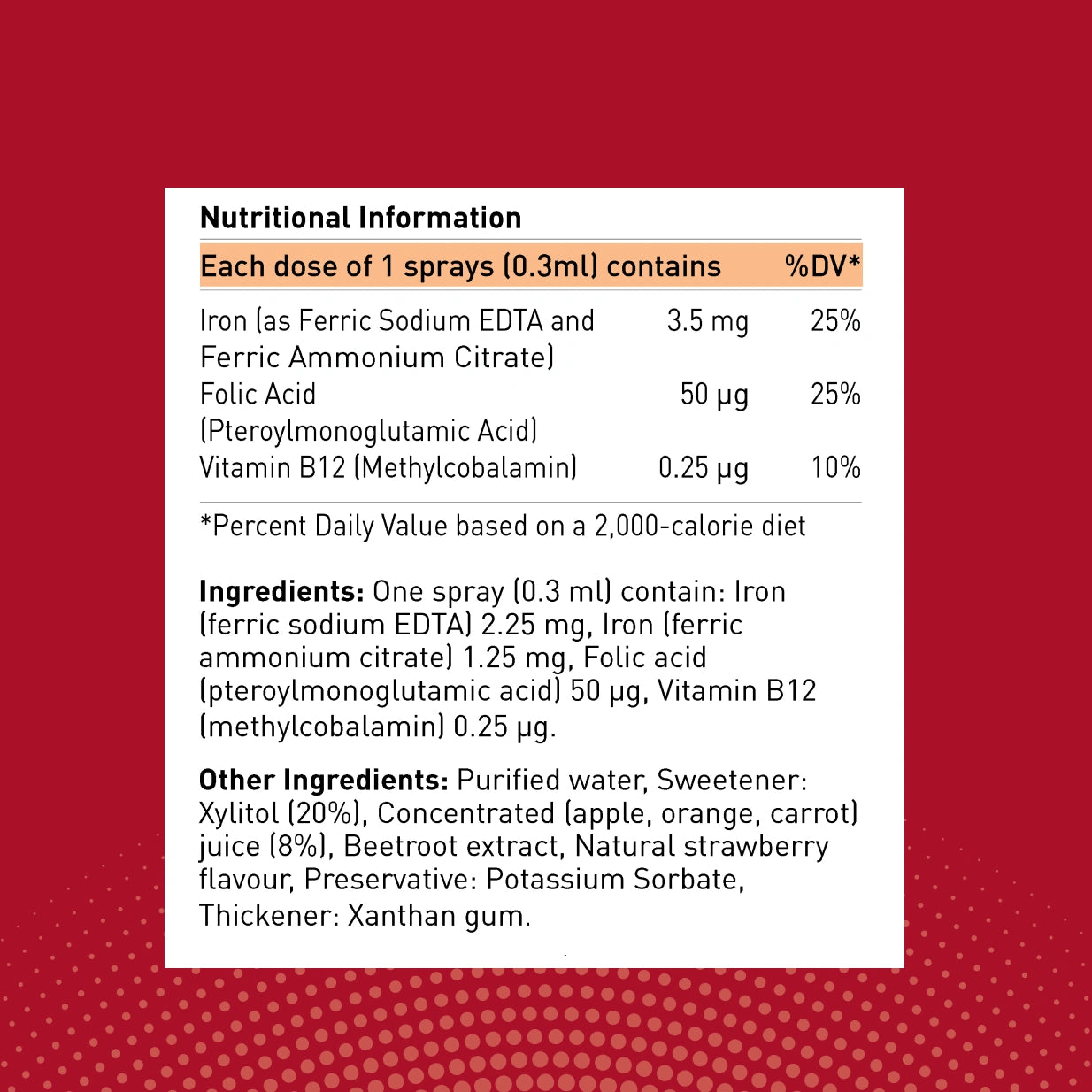 Nutritional information Of Spray