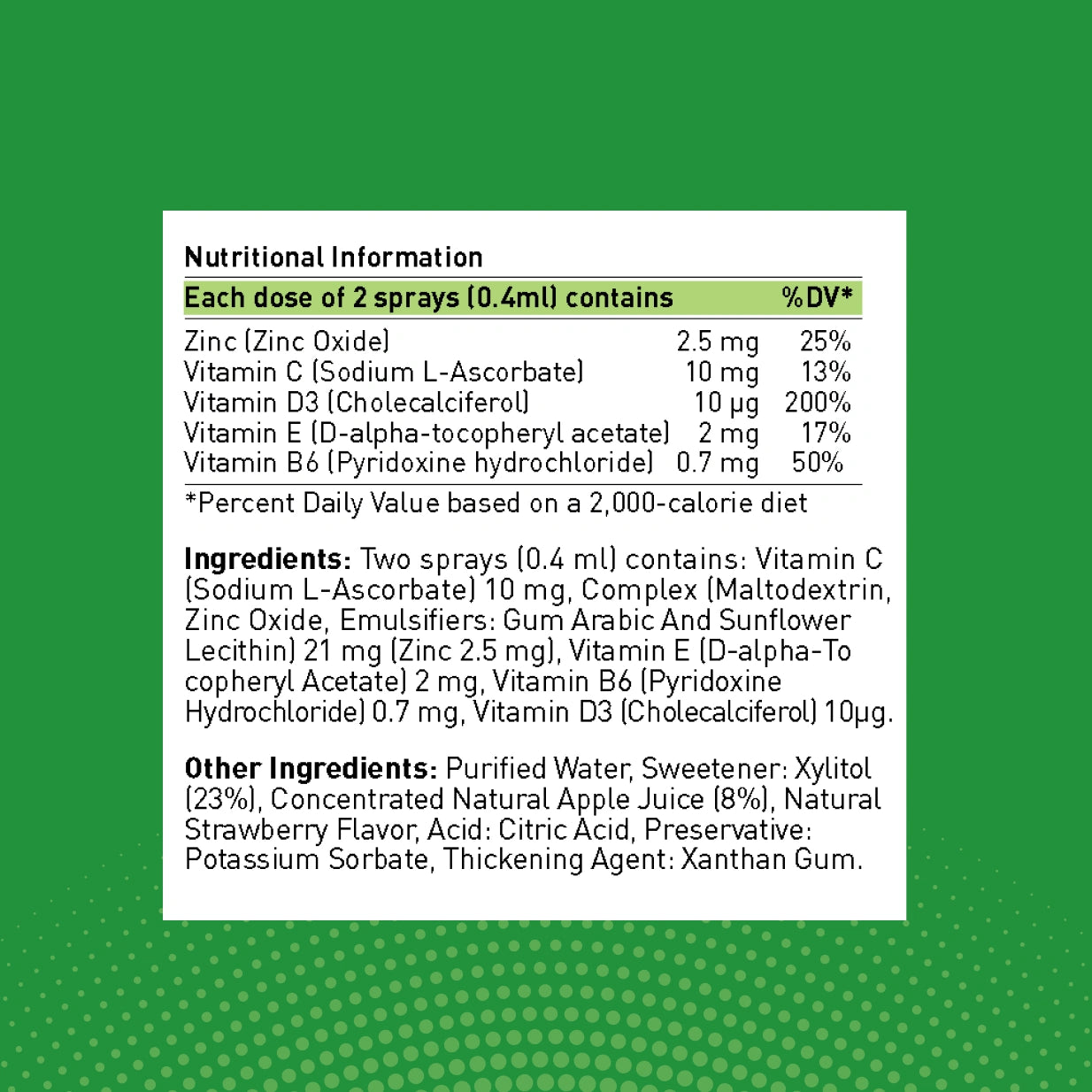 Spray Nutritional Information
