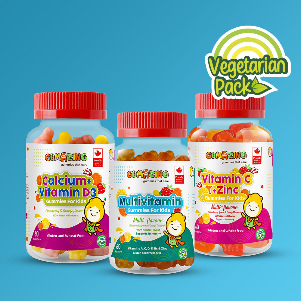 Pack végétarien | Gumazing Lot de 3 combos | Calcium et vitamine D3 + vitamine C et zinc + multivitamines | approvisionnement de 3 mois