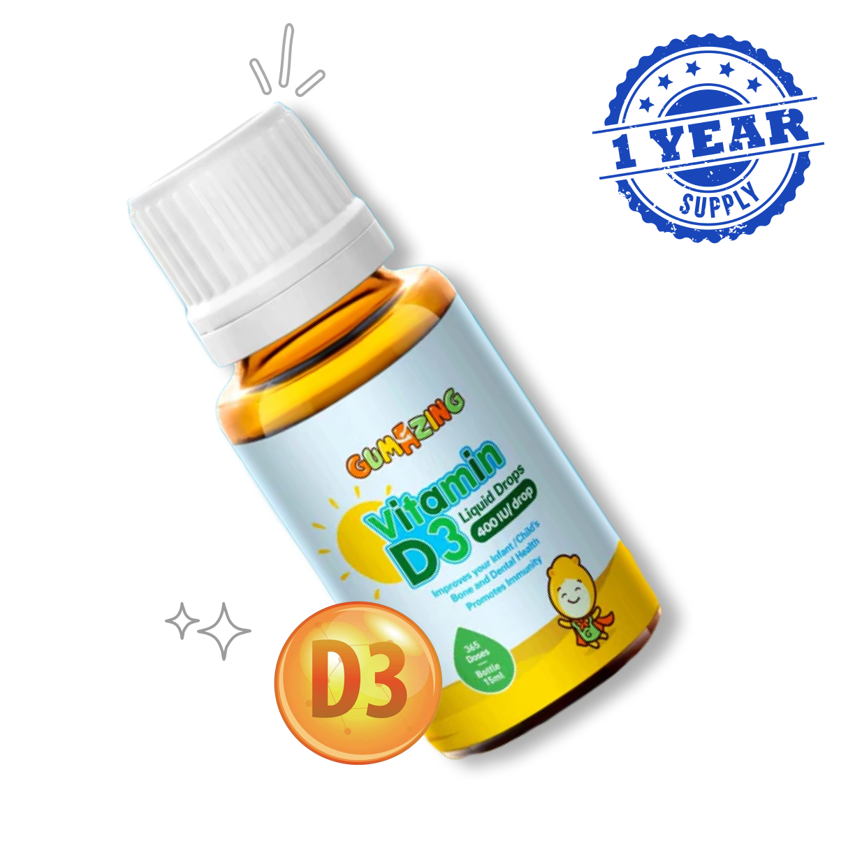 <tc>Gumazing</tc> Titisan Cecair Vitamin D3, Bekalan 1 Tahun untuk borong